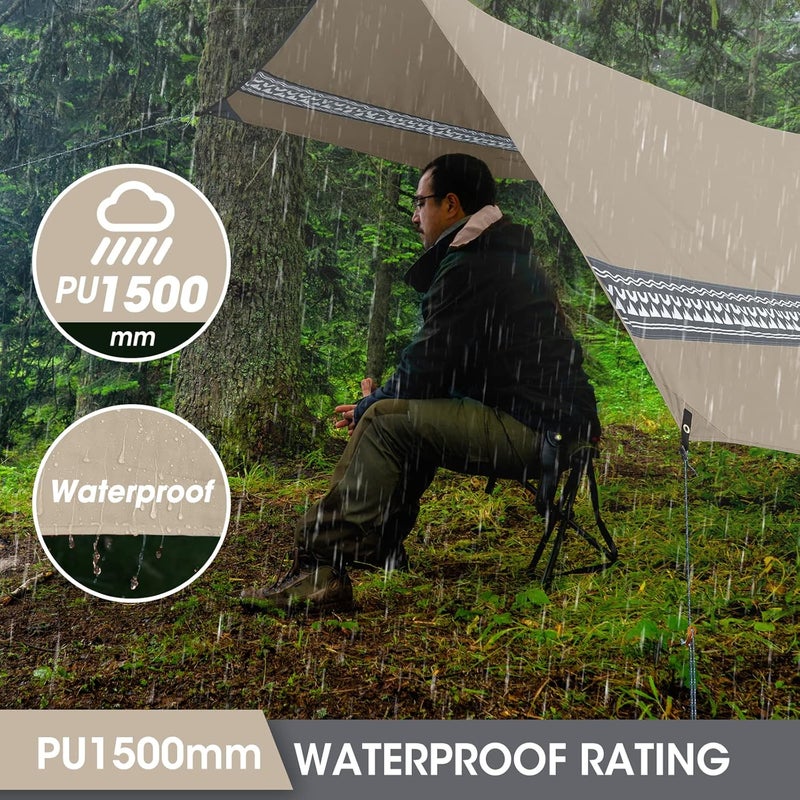 VILLEY Hammock Tent Rain Fly, Octagonal Waterproof Camping Tarp, Sun Shelter for Camping, Backpacking, Hiking, Accessory Includes Stakes, Ropes and Carry Bag (Khaki) - Image 4